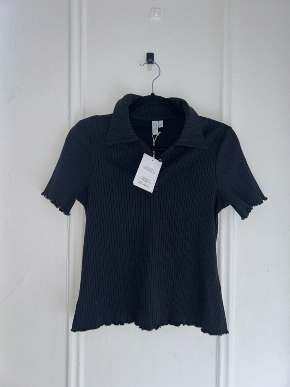 & Other Stories Black Ribbed Polo Short Sleeve Top